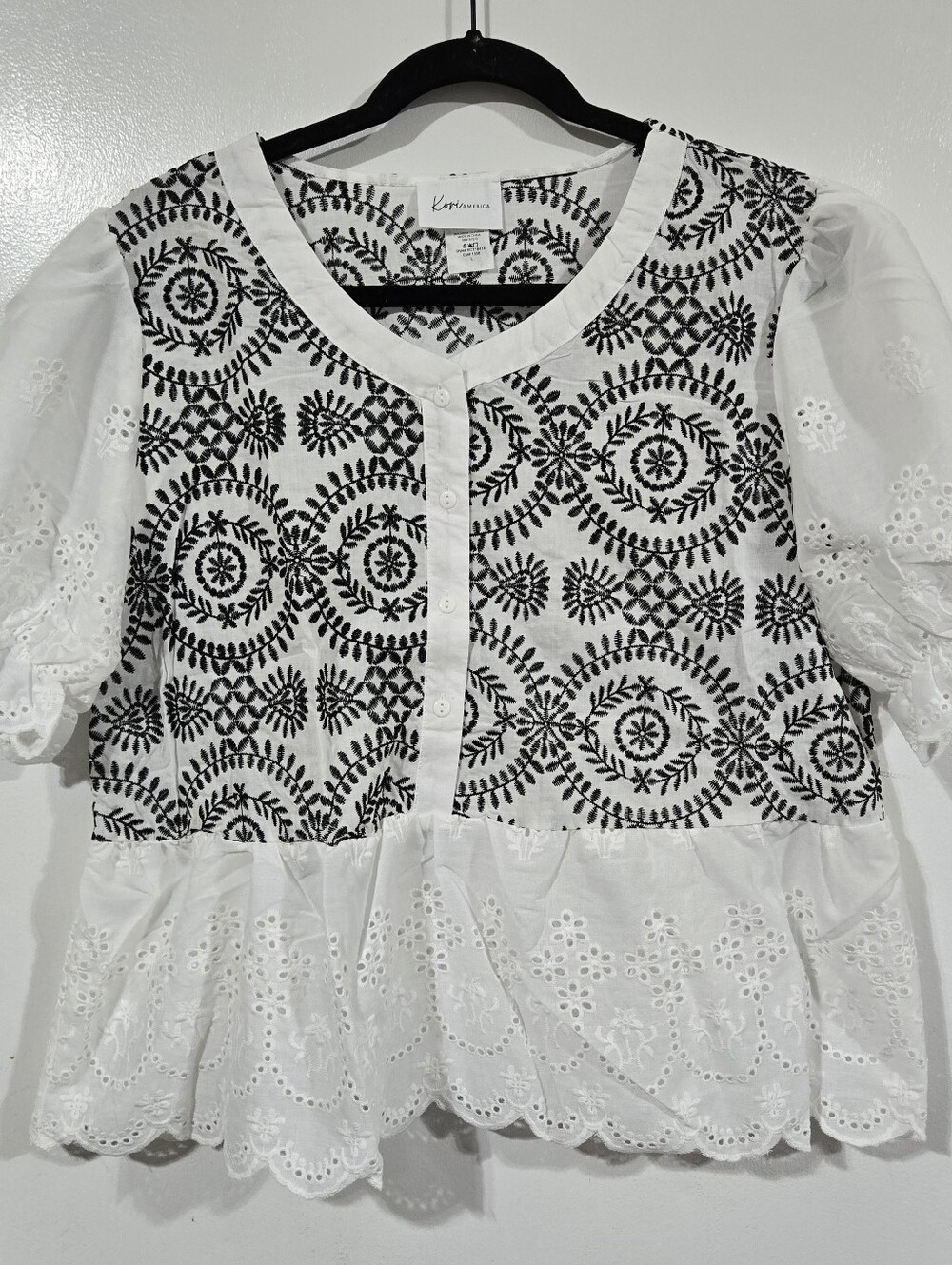 Kori White Eyelet Peplum Blouse with Black Embroidery Large NEW